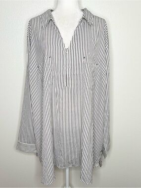 Catherines Black & White Striped Collared Long Sleeve Top Size 4X